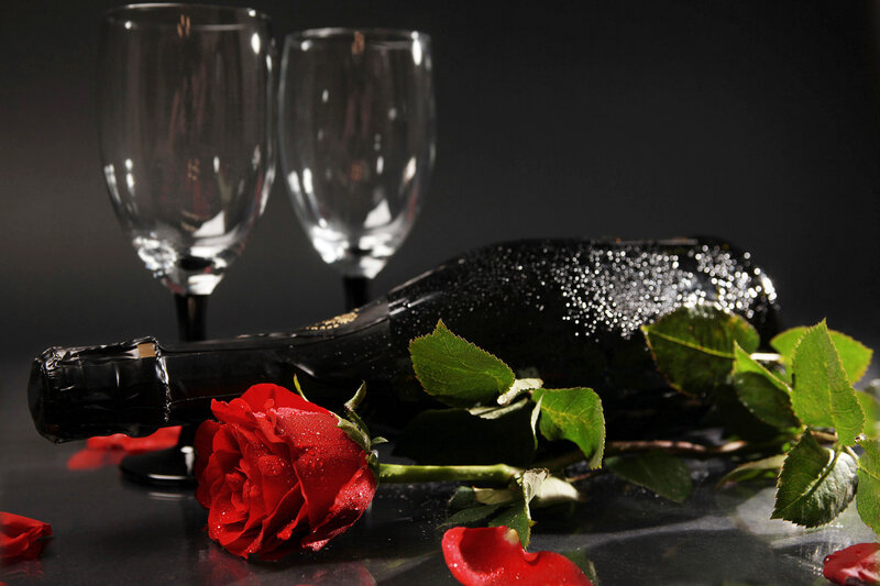 Red Rose and Champagne Bottle