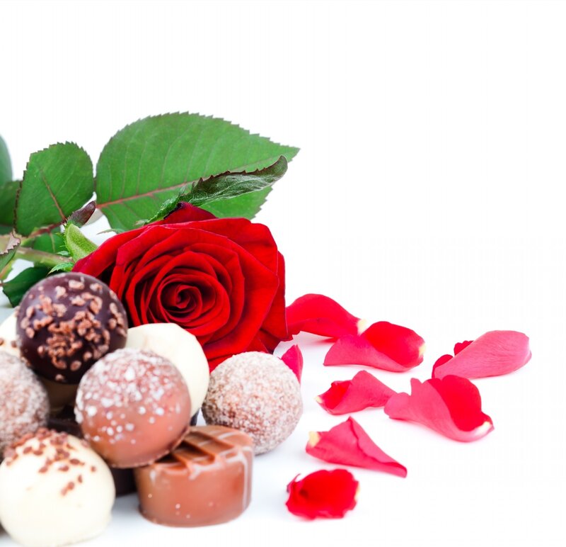 Red Rose and Chocolates — Romantic, Photograph, Rose Petals