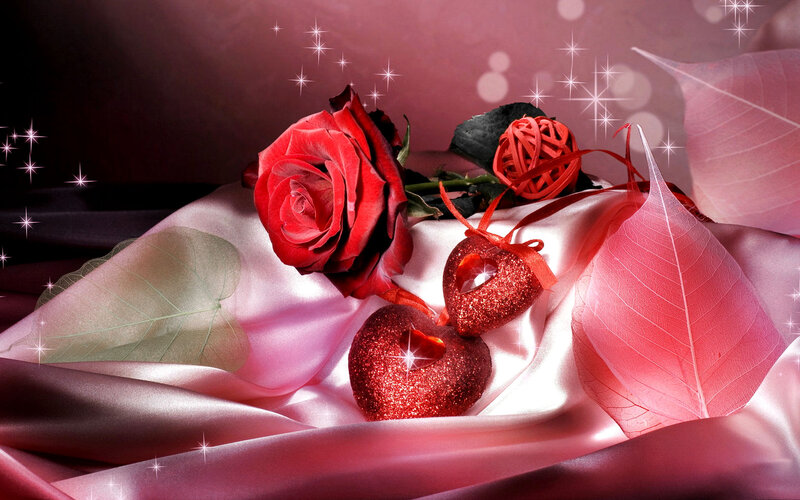 Red Rose and Hearts — Romantic, Photograph, Leaves