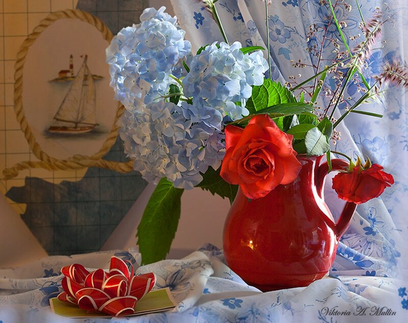 Red Rose and Hydrangeas
