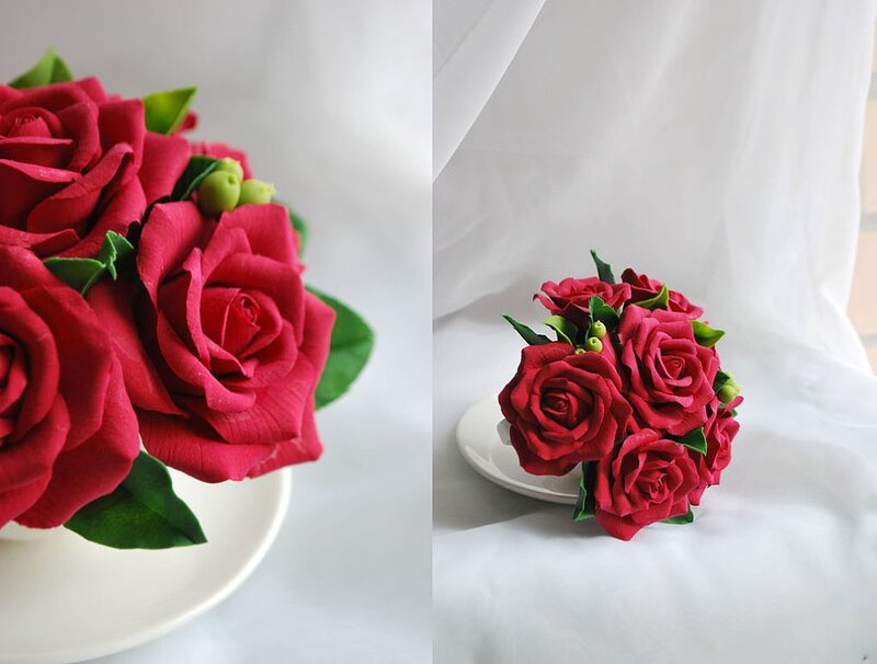 Red Rose Bouquet — Calm, Photograph, Green Leaves, White Plate