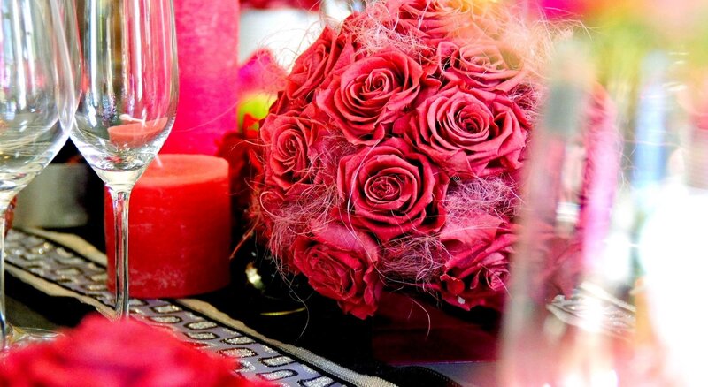 Red Rose Bouquet — Romantic, Photograph, Candles, Wine Glasses