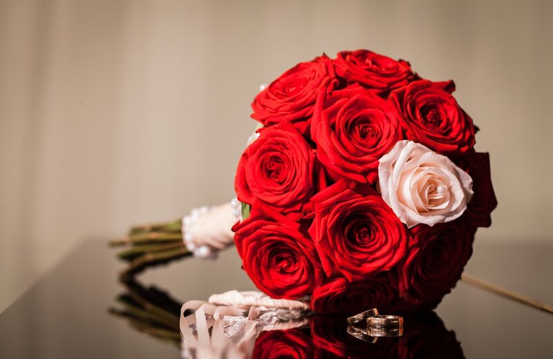 Red Rose Bouquet — Romantic, Photograph, Wedding Rings
