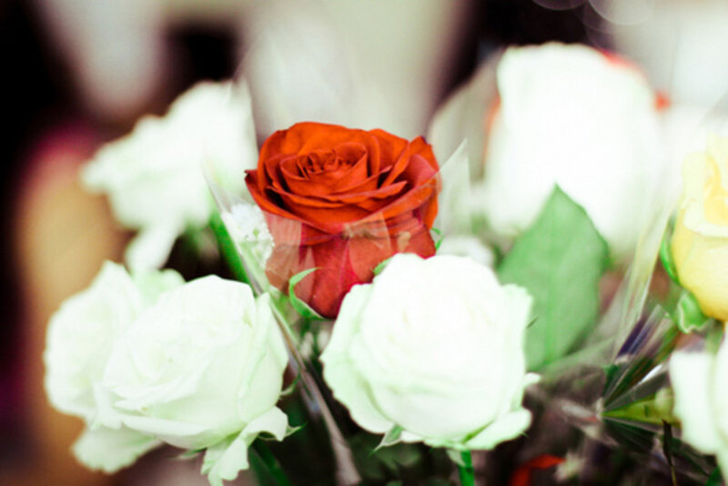 Red Rose in Bouquet — Calm, Photograph, White Roses