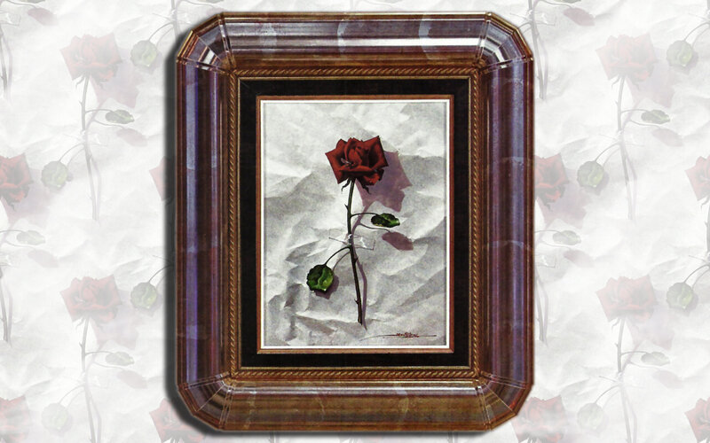 Red Rose in Frame — Dramatic, Photograph, Crumpled Paper