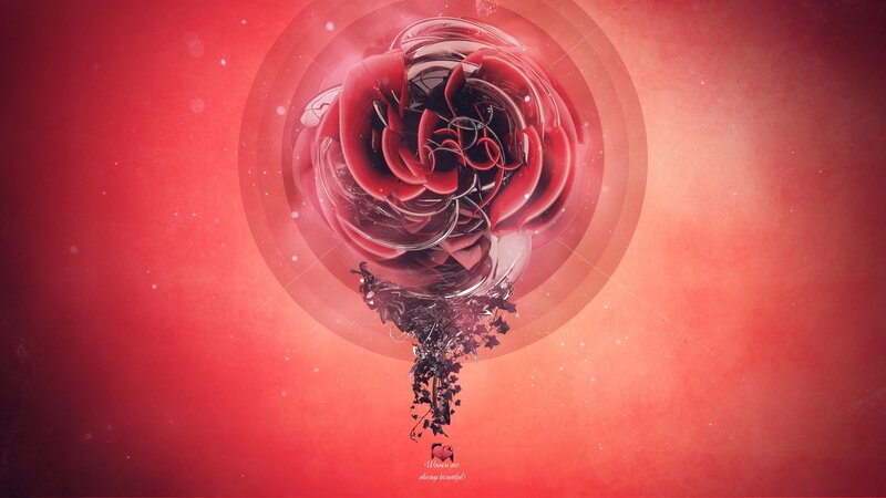 Red Rose in Glass Sphere — Dramatic, Digital Art, Petals