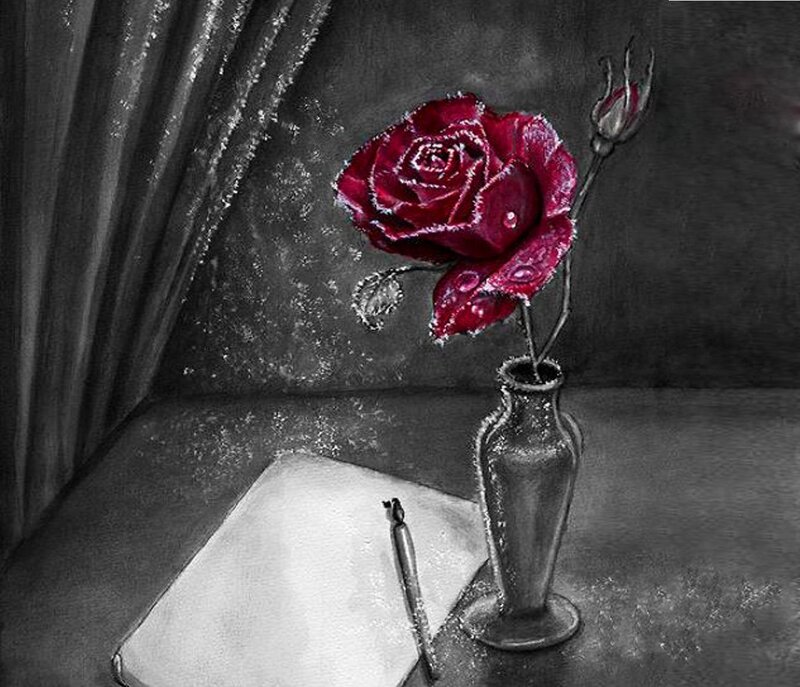 Red Rose in Vase — Dramatic, Painting