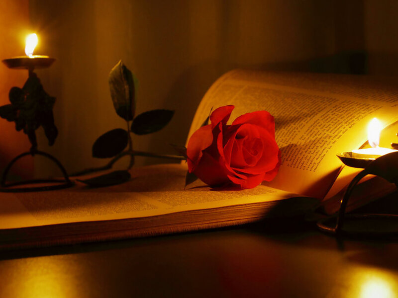 Red Rose on Book — Romantic, Night, Photograph, Candle