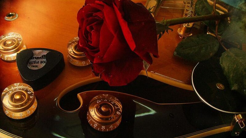 Red Rose on Guitar — Dramatic, Photograph, Pick