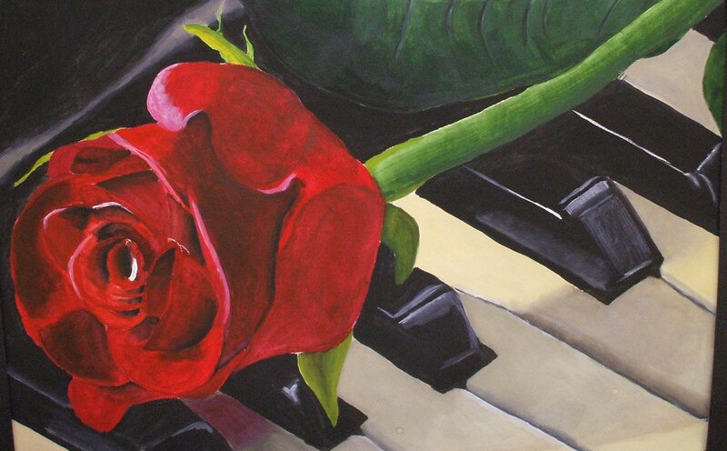 Red Rose on Piano Keys — Calm, Painting