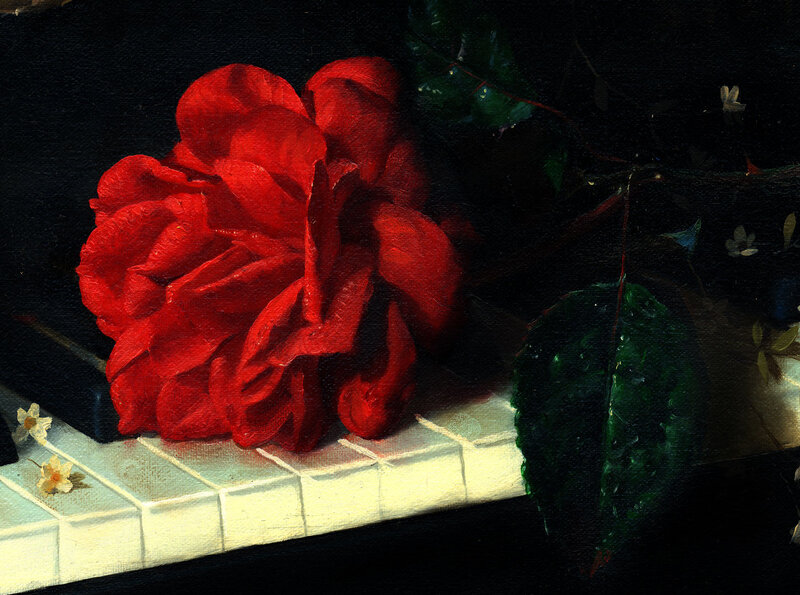 Red Rose on Piano Keys — Dramatic, Painting, Piano Keys