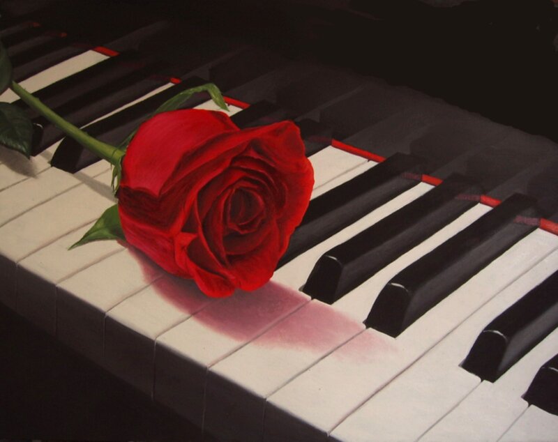Red Rose on Piano Keys — Dramatic, Painting