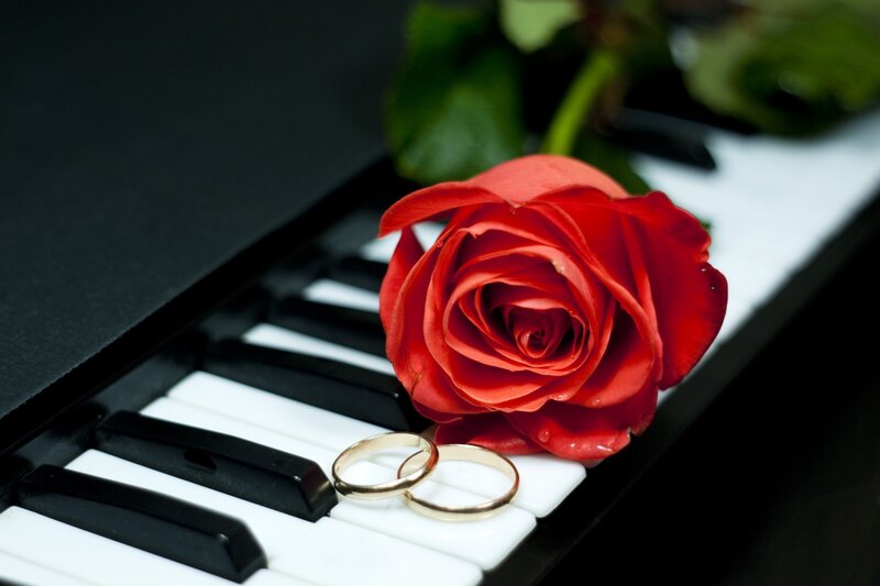 Red Rose on Piano Keys — Romantic, Photograph, Ring