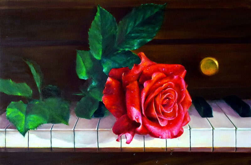 Red Rose on Piano Keys — Serene, Painting