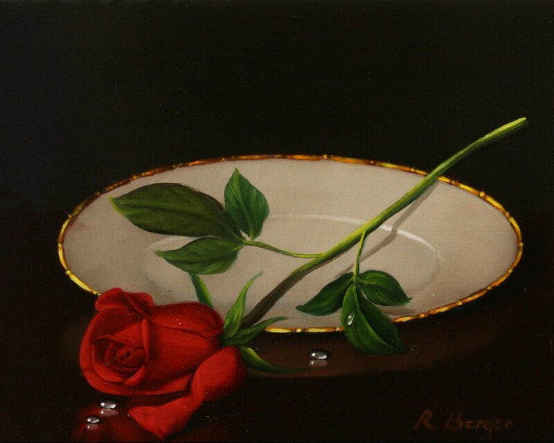 Red Rose on Plate — Dramatic, Painting