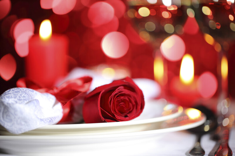 Red Rose on Plate — Romantic, Night, Photograph, Candle, Napkin