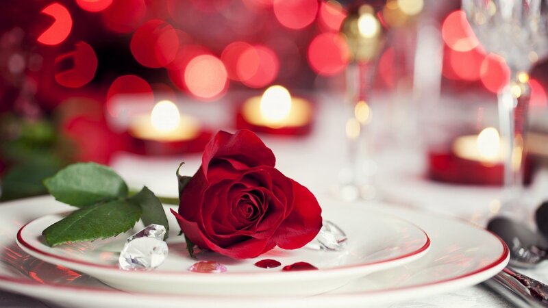 Red Rose on Plate — Romantic, Night, Photograph, Candle