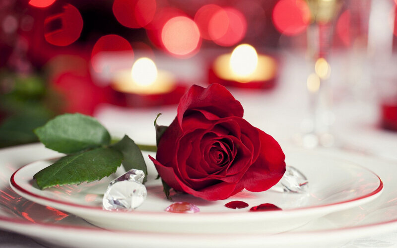 Red Rose on Plate — Romantic, Night, Photograph, Candles