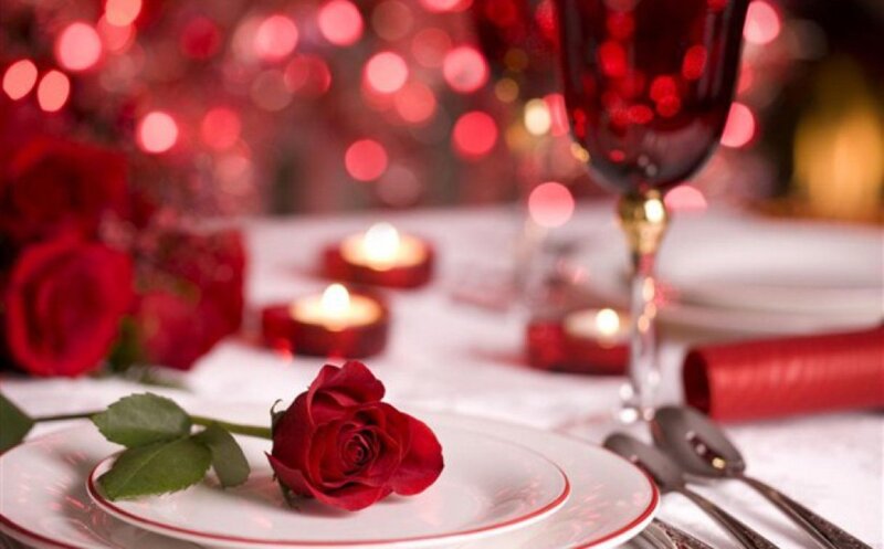 Red Rose on Plate — Romantic, Night, Photograph, Candles, Wine Glass