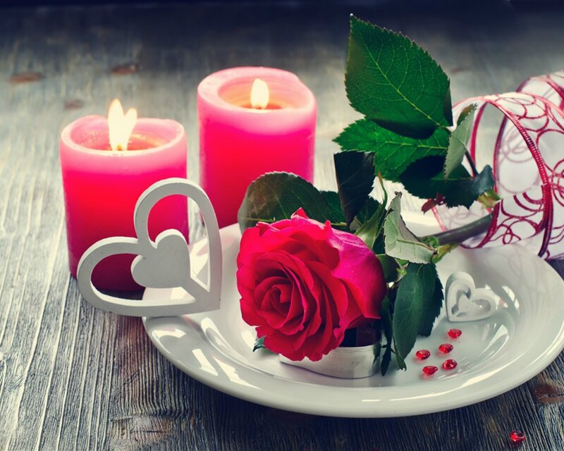 Red Rose on Plate — Romantic, Photograph, Candles, Heart Cutout