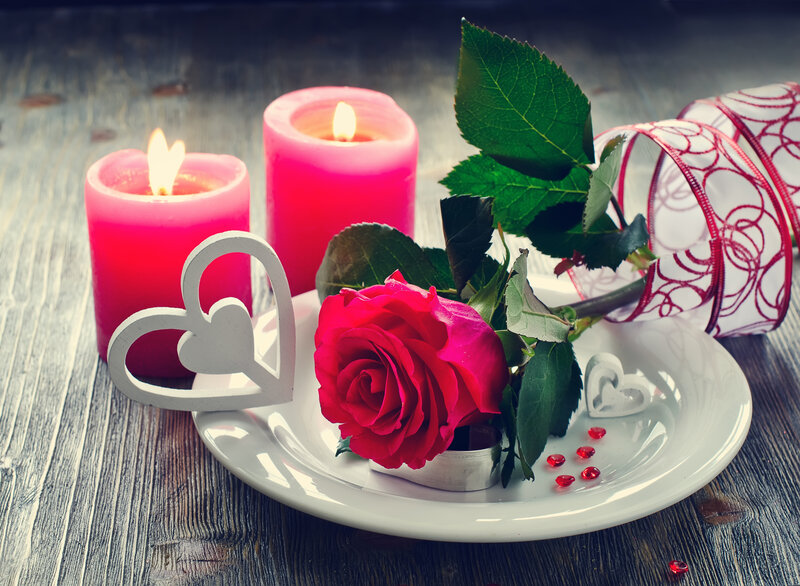 Red Rose on Plate — Romantic, Photograph, Candles