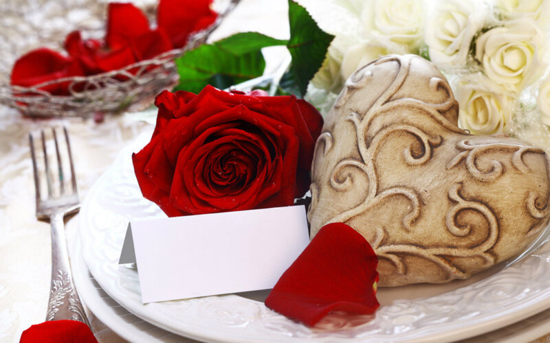 Red Rose on Plate — Romantic, Photograph, Heart Sculpture, White Roses, Fork
