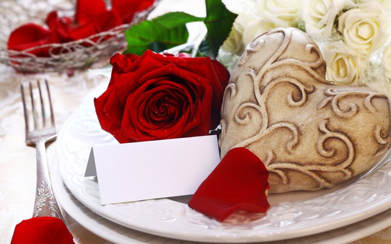 Red Rose on Plate — Romantic, Photograph, Heart Sculpture, White Roses