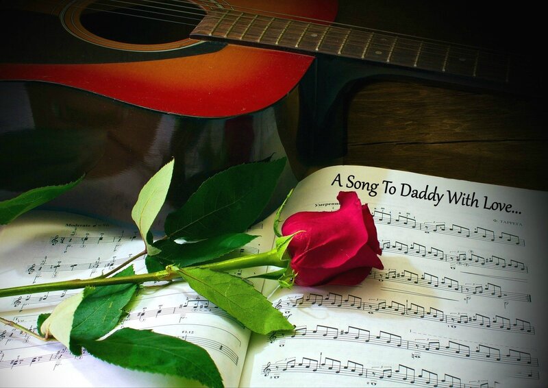 Red Rose on Sheet Music — Romantic, Photograph, Acoustic Guitar