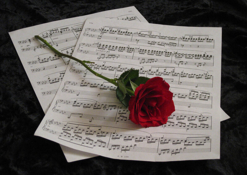 Red Rose on Sheet Music — Romantic, Photograph