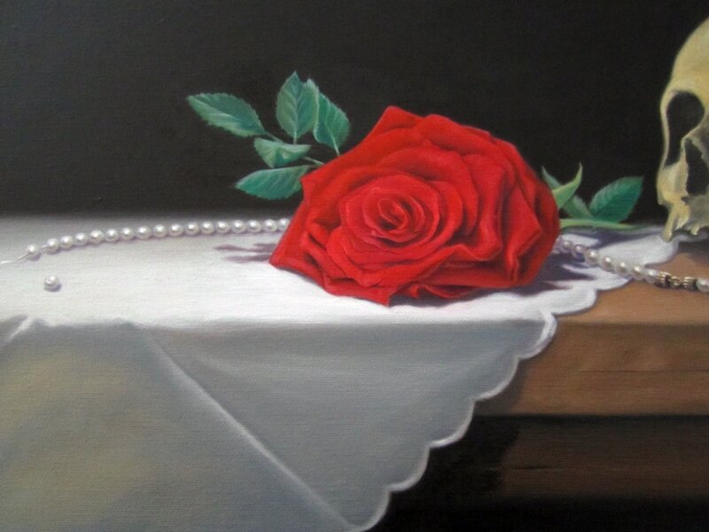 Red Rose on Table — Dramatic, Painting