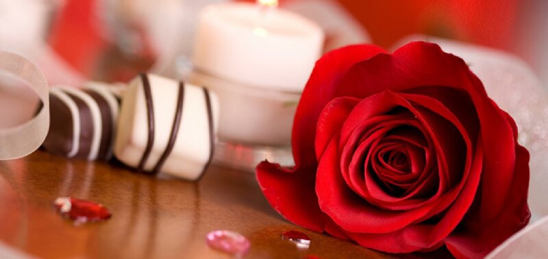 Red Rose on Table — Romantic, Night, Photograph, Candle
