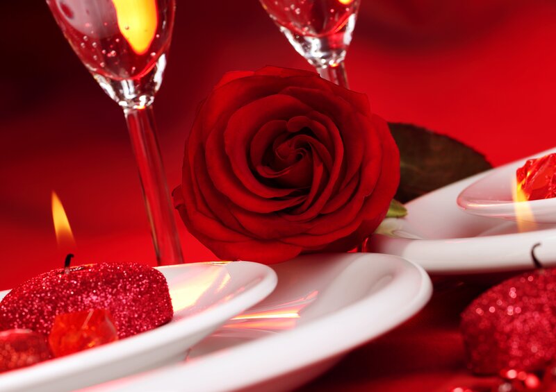 Red Rose on Table — Romantic, Photograph, Candle