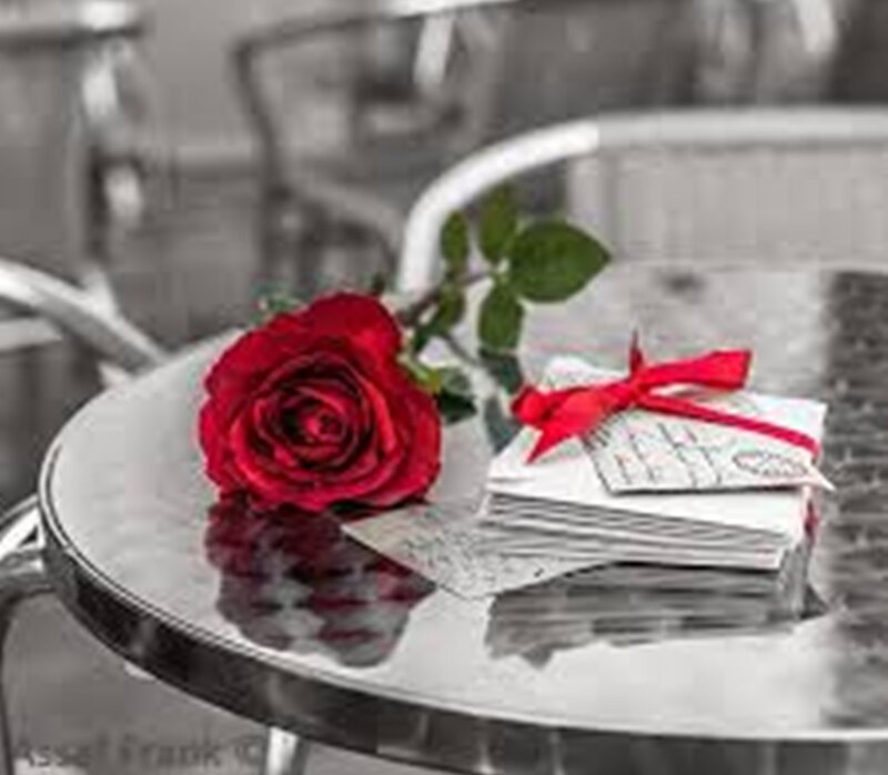 Red Rose on Table — Romantic, Photograph, Letters