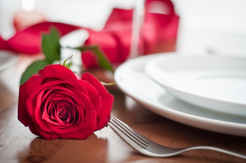 Red Rose on Table — Romantic, Photograph, Plate, Fork, Ribbon
