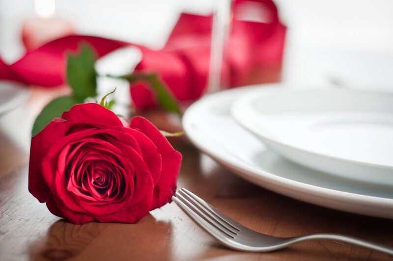 Red Rose on Table — Romantic, Photograph, Plate, Fork