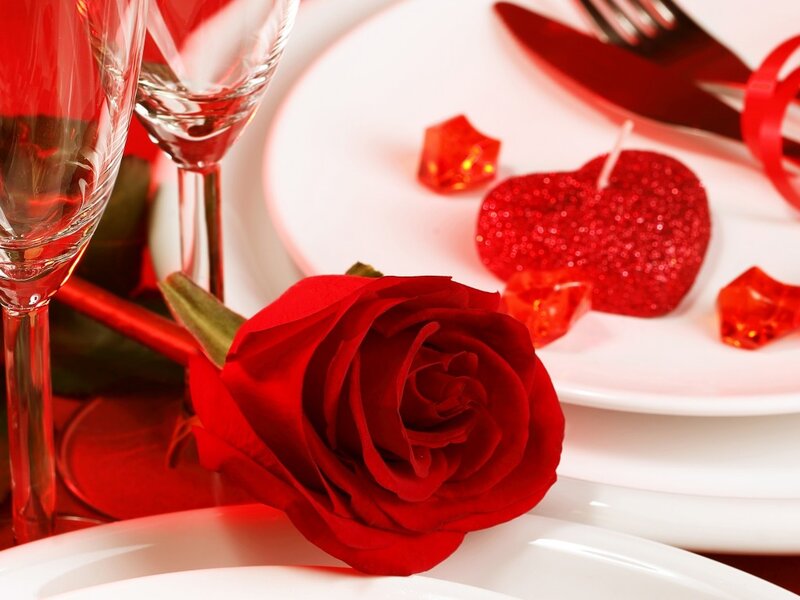 Red Rose on Table — Romantic, Photograph, Wine Glass