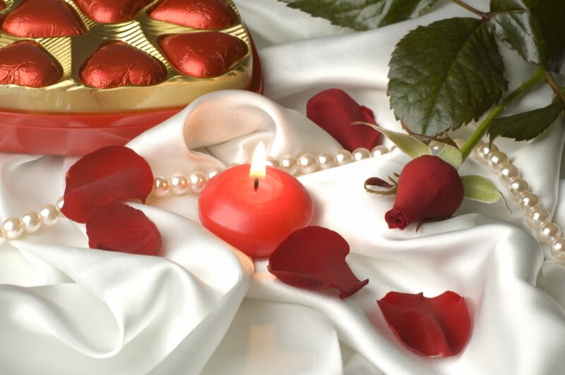 Red Rose Petals and Candle — White