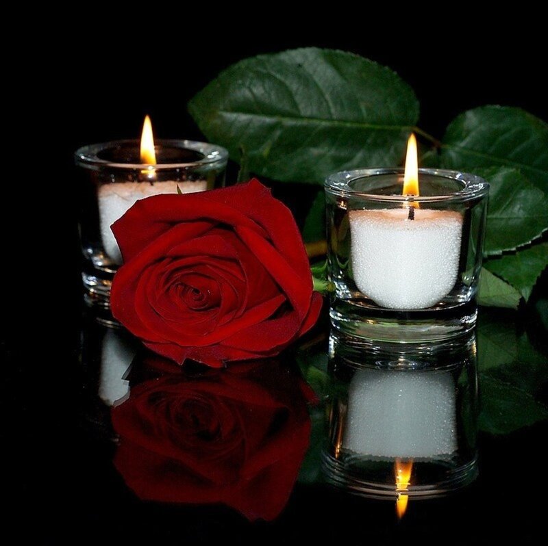 Red Rose with Candles — Dramatic, Night, Photograph, Leaves, Reflection