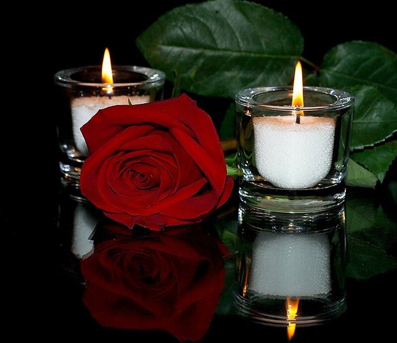 Red Rose with Candles — Dramatic, Night, Photograph, Leaves
