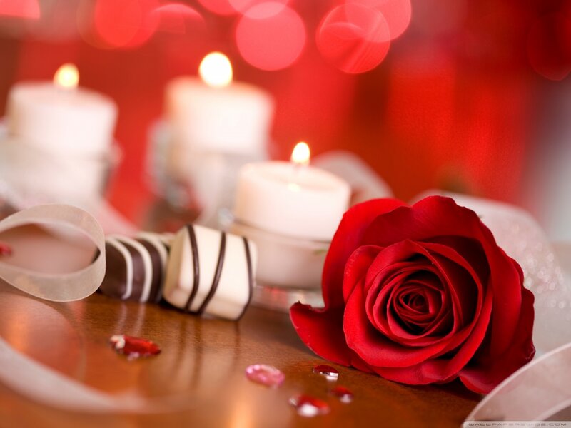 Red Rose with Candles — Romantic, Night, Photograph, Chocolate, Ribbon