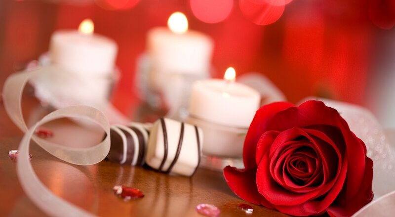 Red Rose with Candles — Romantic, Night, Photograph, Chocolate