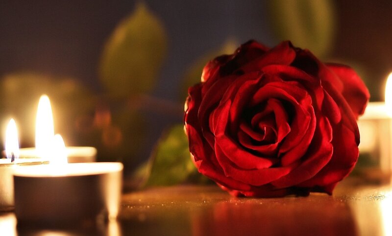 Red Rose with Candles — Romantic, Night, Photograph