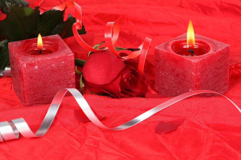 Red Rose with Candles — Romantic, Photograph, Ribbon, Rose Petals