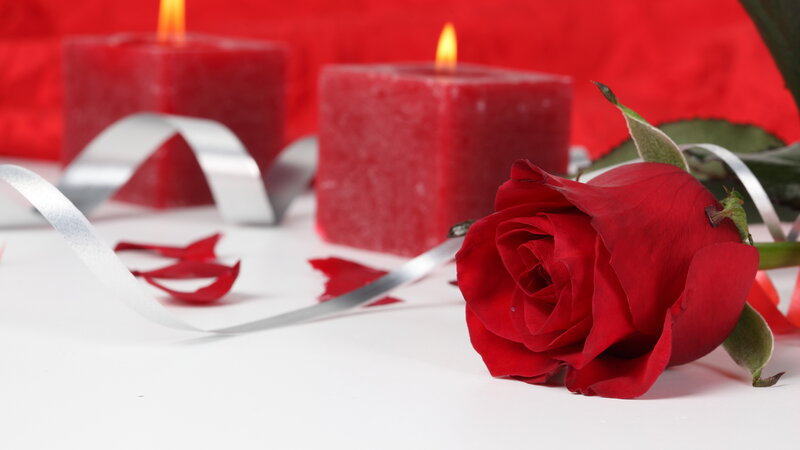 Red Rose with Candles — Romantic, Photograph, Ribbon