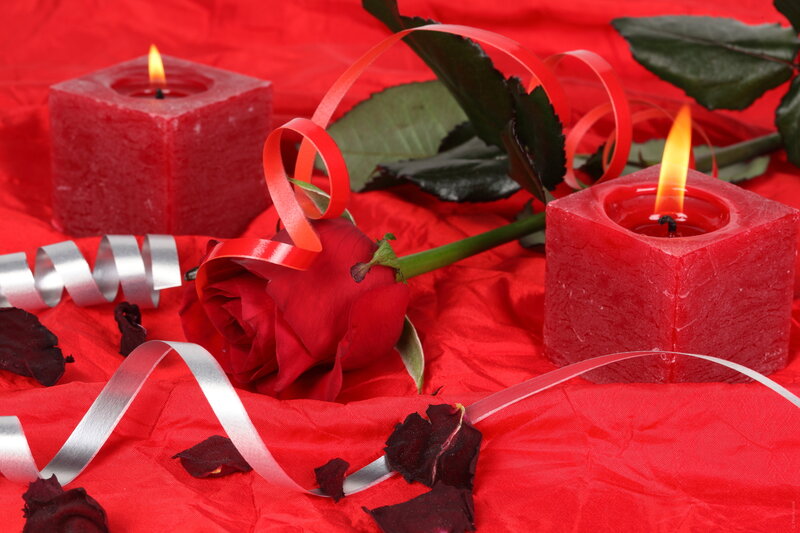 Red Rose with Candles — Romantic, Photograph, Ribbons