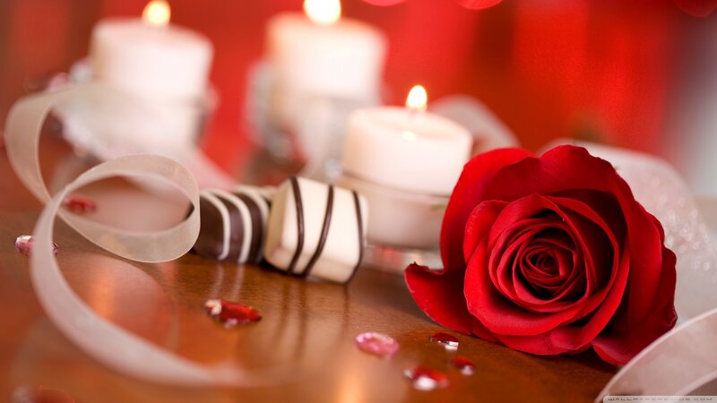 Red Rose with Chocolates — Romantic, Night, Photograph