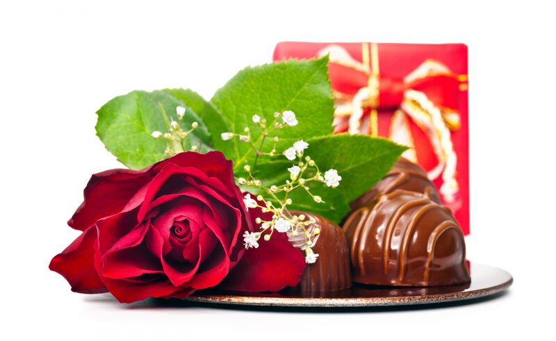 Red Rose with Chocolates — Romantic, Photograph, Gift Box, Flowers