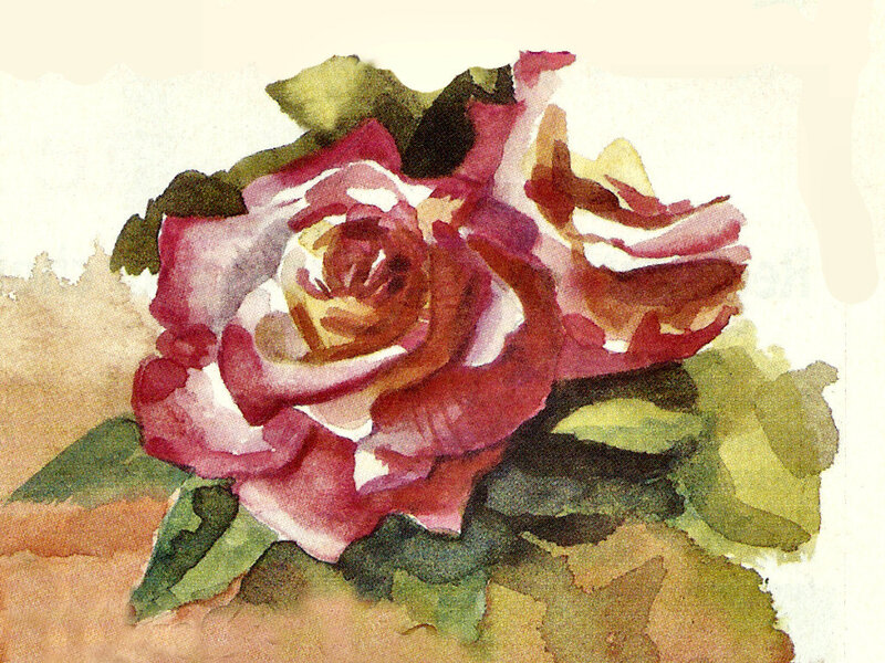 Red Rose with Green Leaves — Calm, Painting