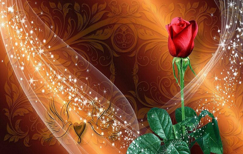 Red Rose with Green Leaves — Romantic, Digital Art, Sparkles
