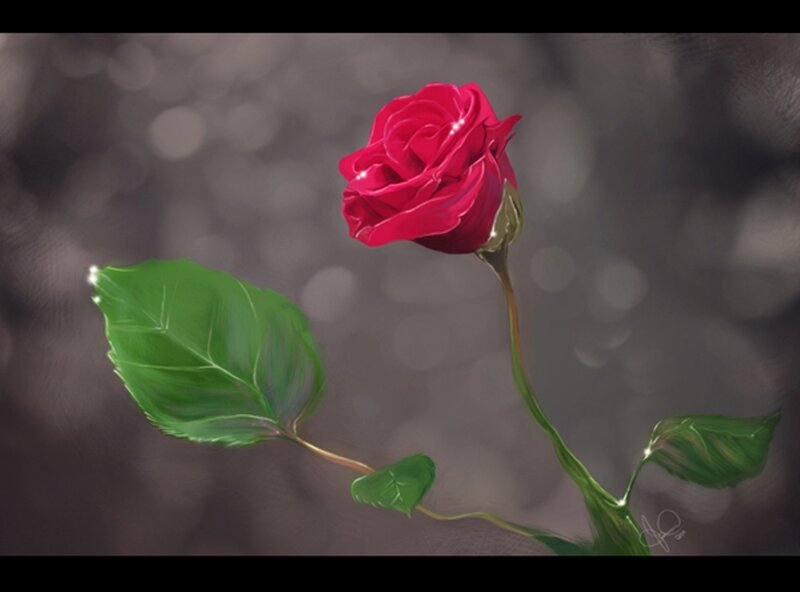 Red Rose with Green Leaves — Serene, Digital Art, Leaf